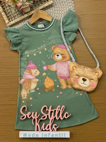 Vestido Infantil Kukiê Inverno Verde com Bolsinha Ursinha Acampamento