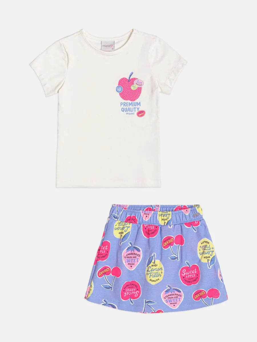 Conjunto Infantil Menina Momi com Shorts Saia Azul Maçã e Blusa Branca