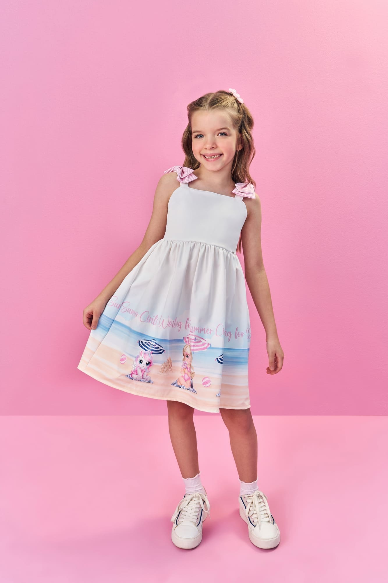 Vestido Infantil Cinti Verão Branco Unicórnio na Praia com Laço