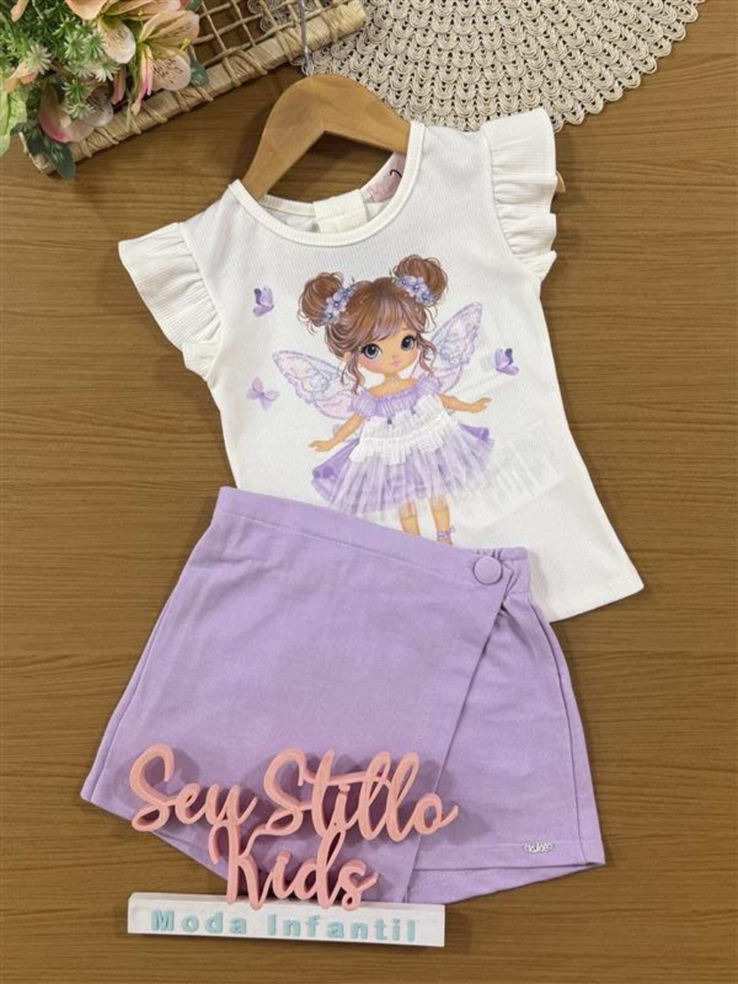 Conjunto Infantil Kukiê Verão com Shorts Saia Lilás e Blusa Branca Fadinha