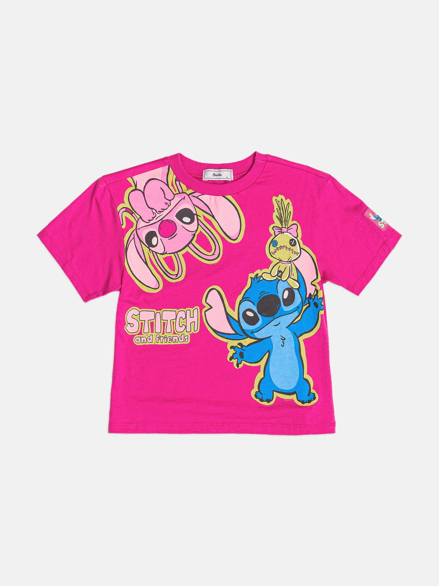 Blusa Infantil Bimbi Inverno Manga Curta Rosa Stitch e Angel Friends Disney