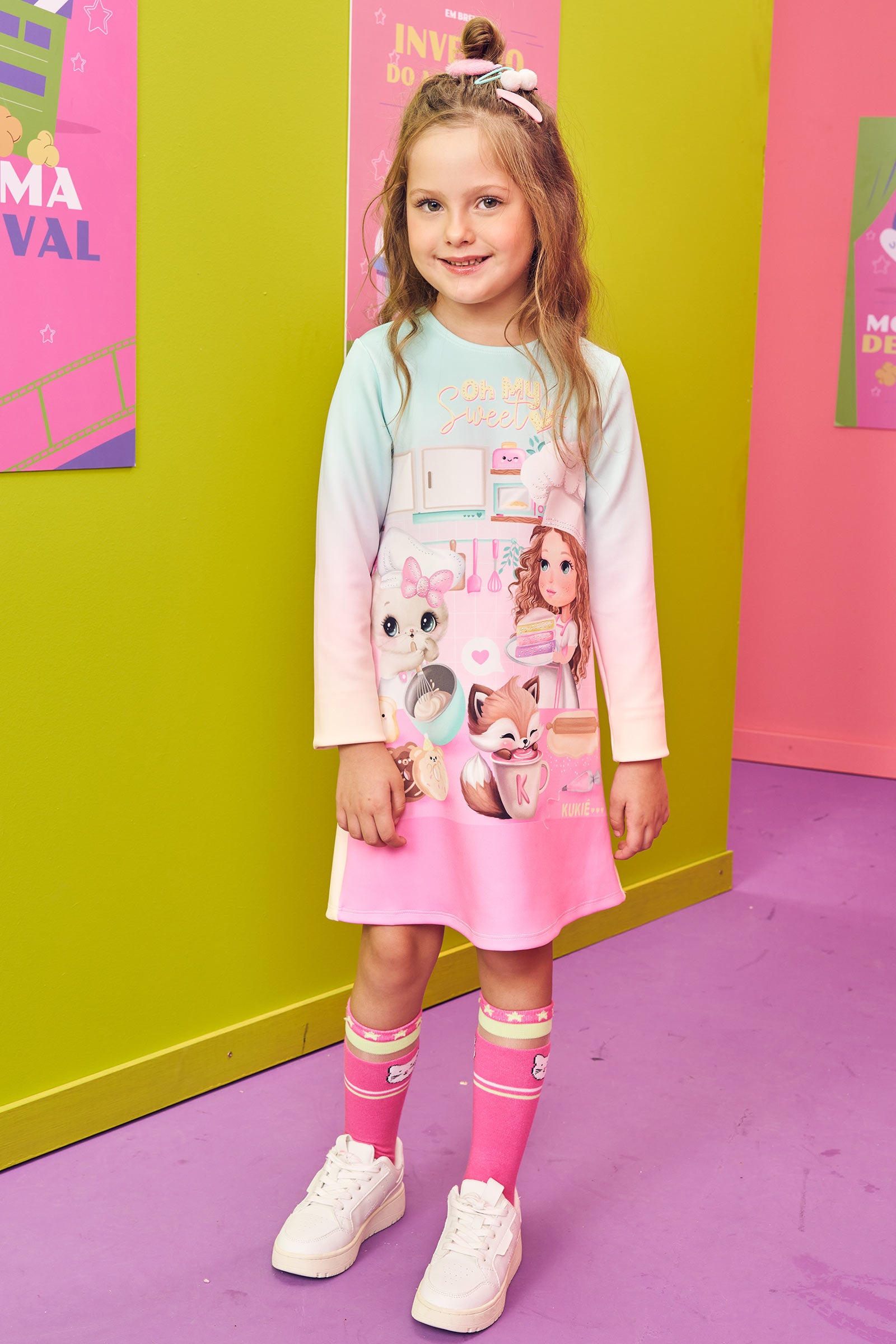 Meia Infantil 3/4 Kukie Rosa Gatinha