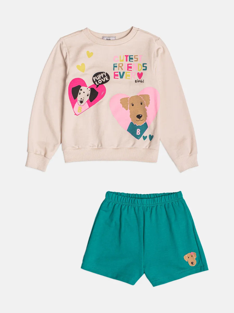 Conjunto Infantil Bimbi Inverno com Shorts Verde e Moletom Sem Flanela Bege Dog Love