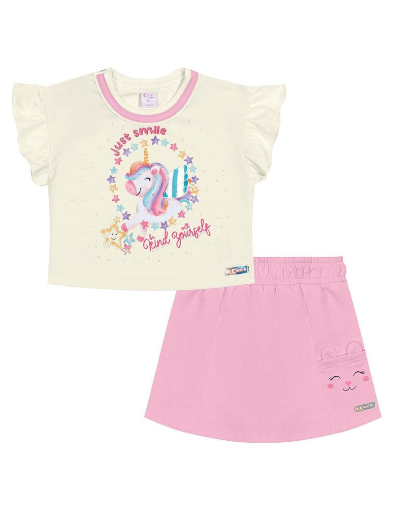 Conjunto Infantil Cinti Verão Shorts Saia Rosa e Blusa Unicórnio