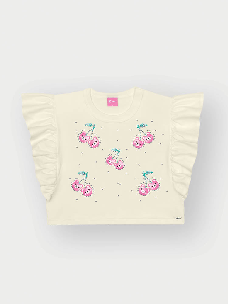 Blusa Infantil Cinti Verão Branca Cerejinha com Strass