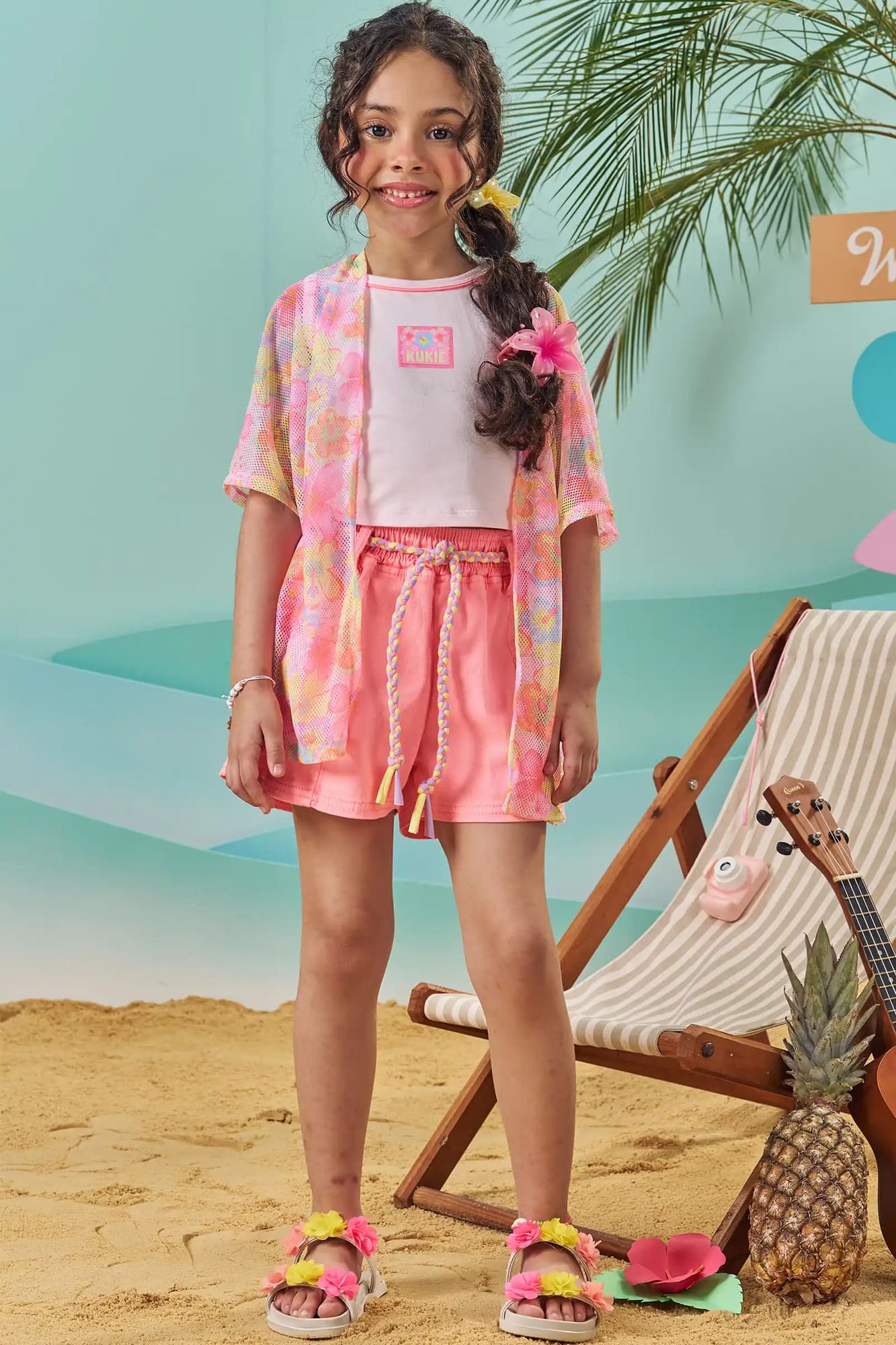 Conjunto infantil Kukiê Verão Blusa, Kimono Floral e shorts Rosa