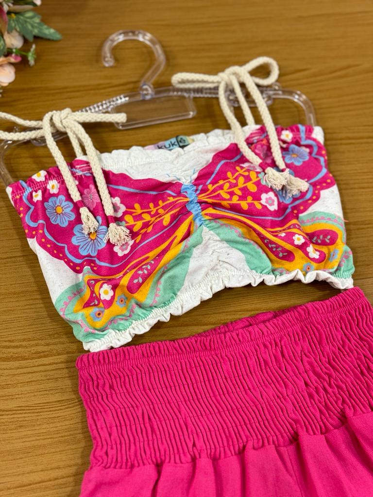Conjunto Infantil Kukie Verão Com Shorts e Cropped Borboleta