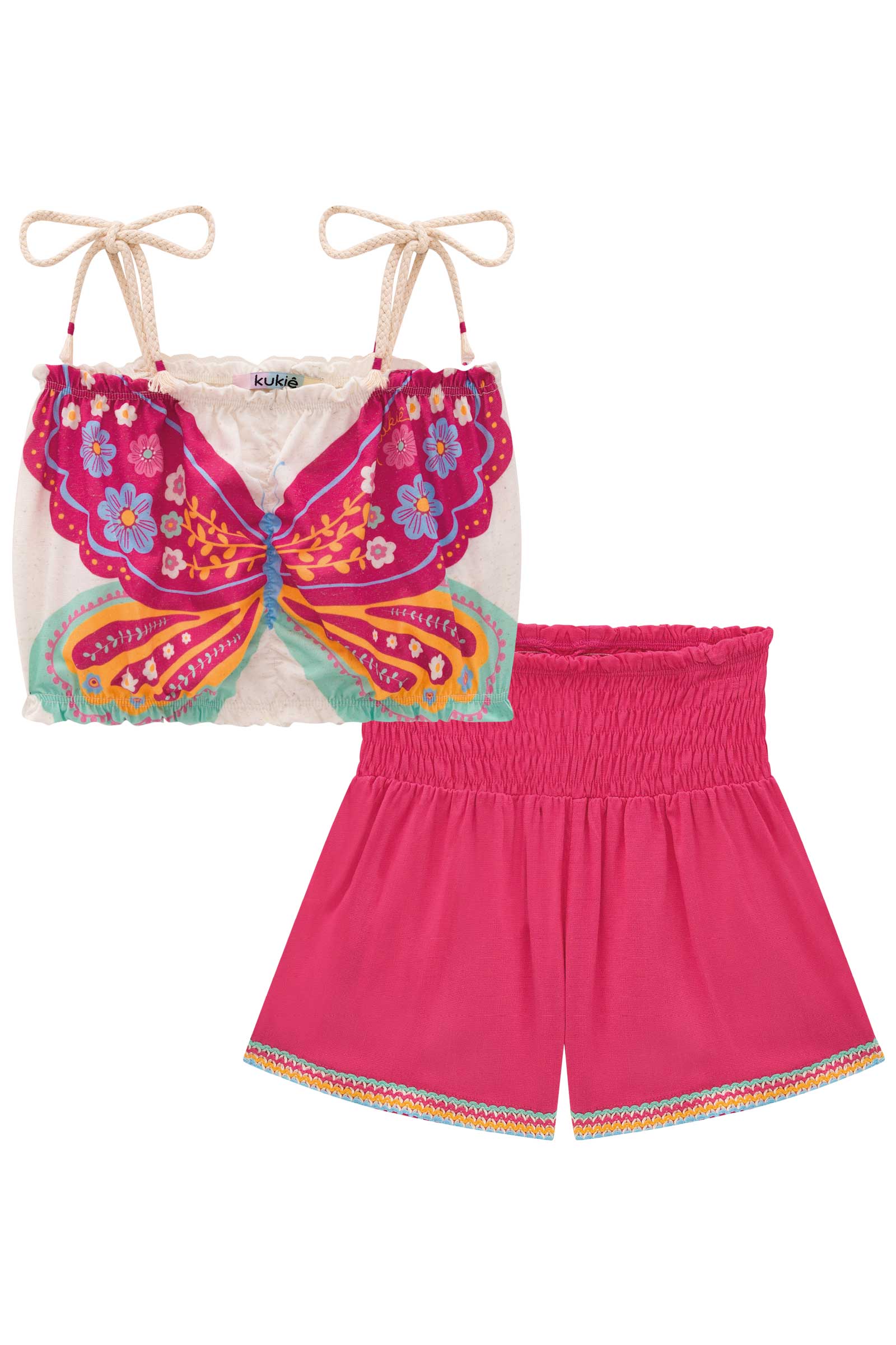 Conjunto Infantil Kukie Verão Com Shorts e Cropped Borboleta