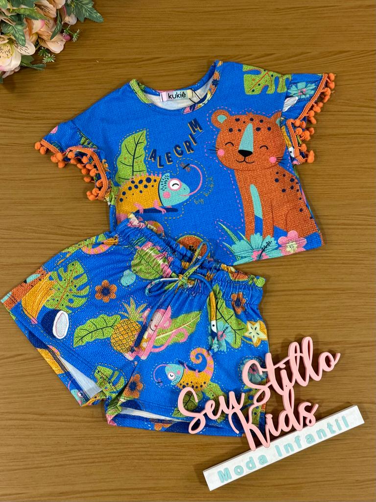 Conjunto Infantil Kukie Alecrim Verão Com Shorts e Blusa Azul Bichinhos