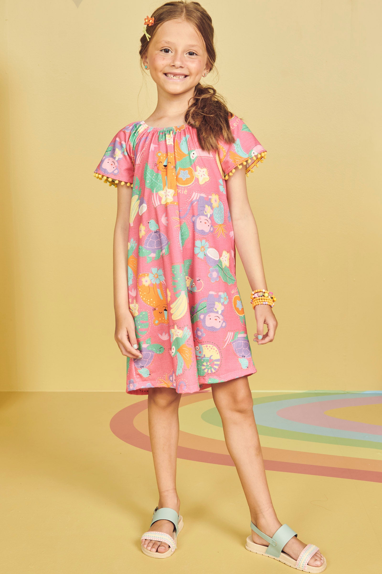 Vestido Infantil Kukie Verão Rosa Animais da Floresta