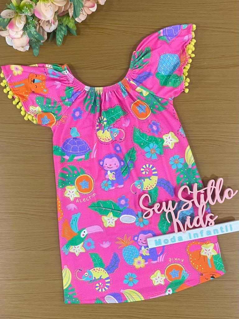 Vestido Infantil Kukie Verão Rosa Animais da Floresta