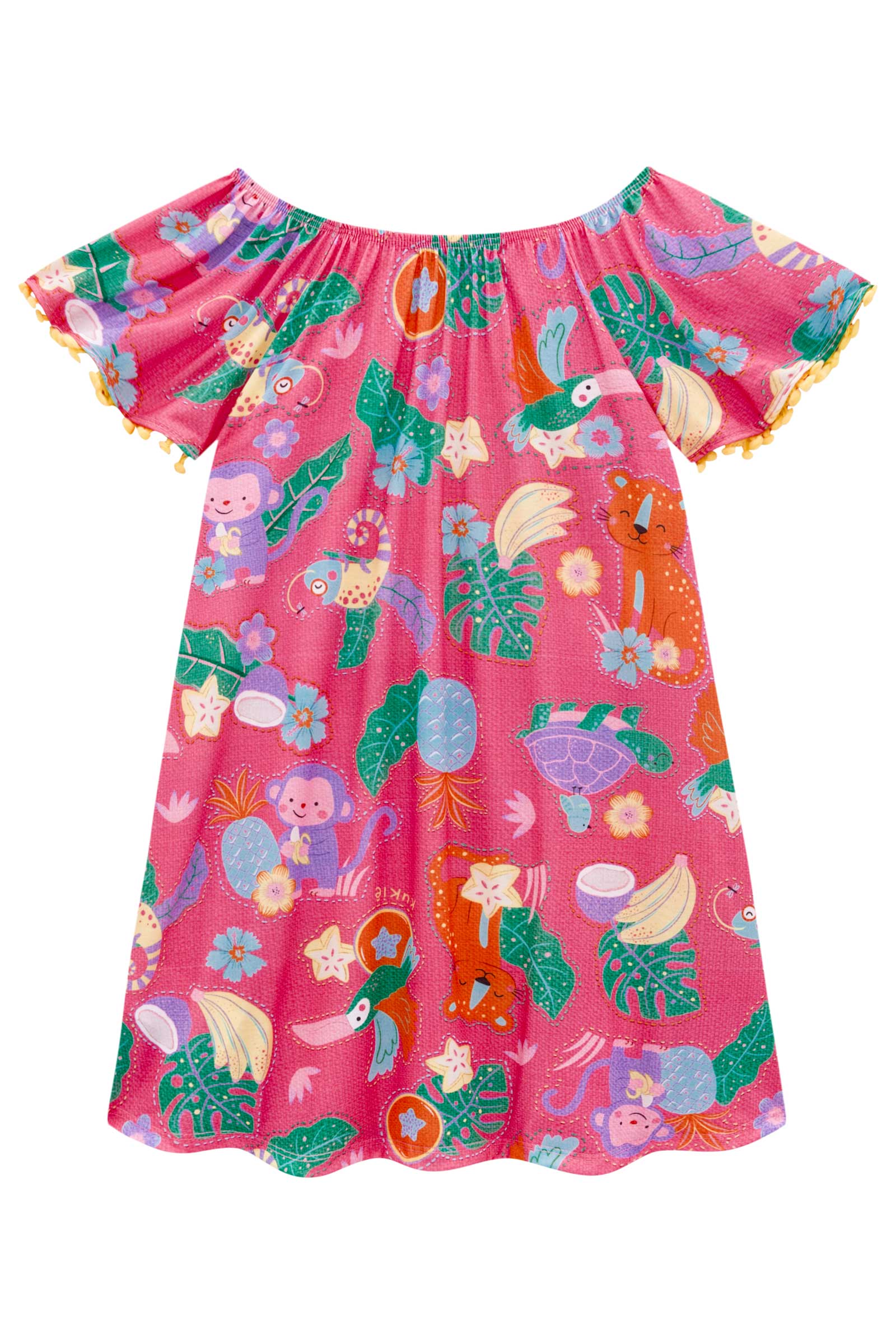 Vestido Infantil Kukie Verão Rosa Animais da Floresta