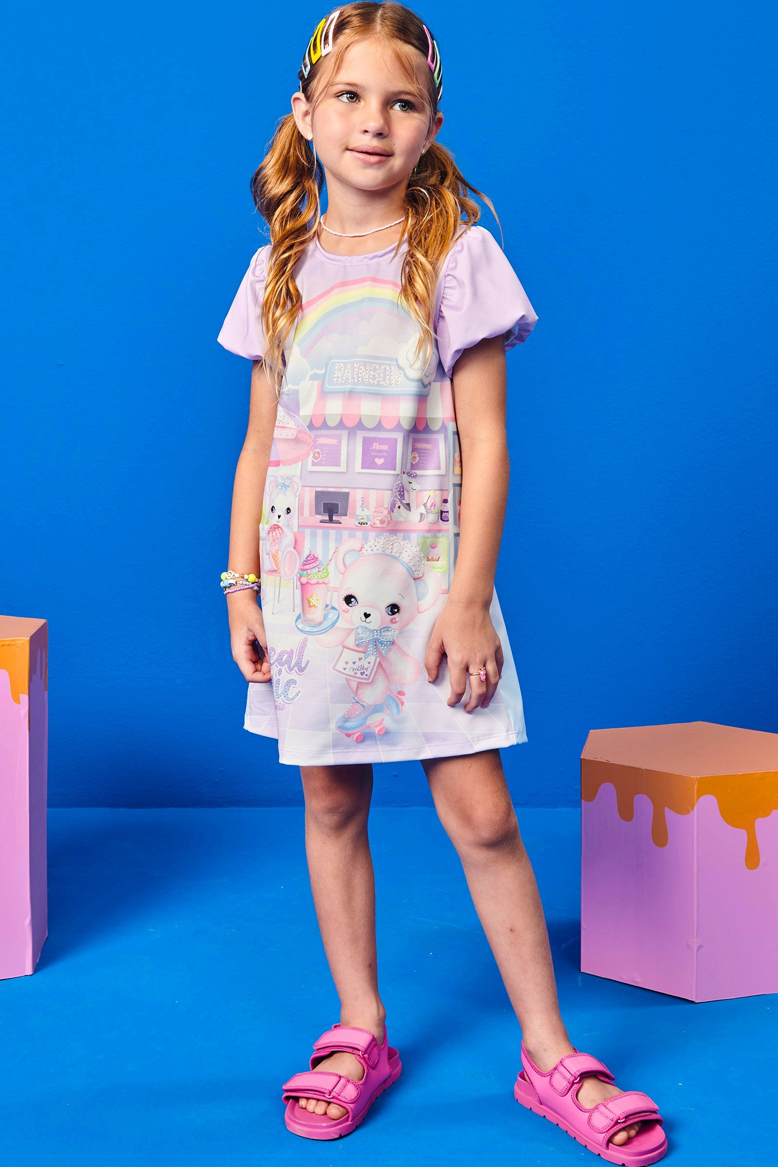Vestido Infantil Kukie Verão Ursinha Rainbow