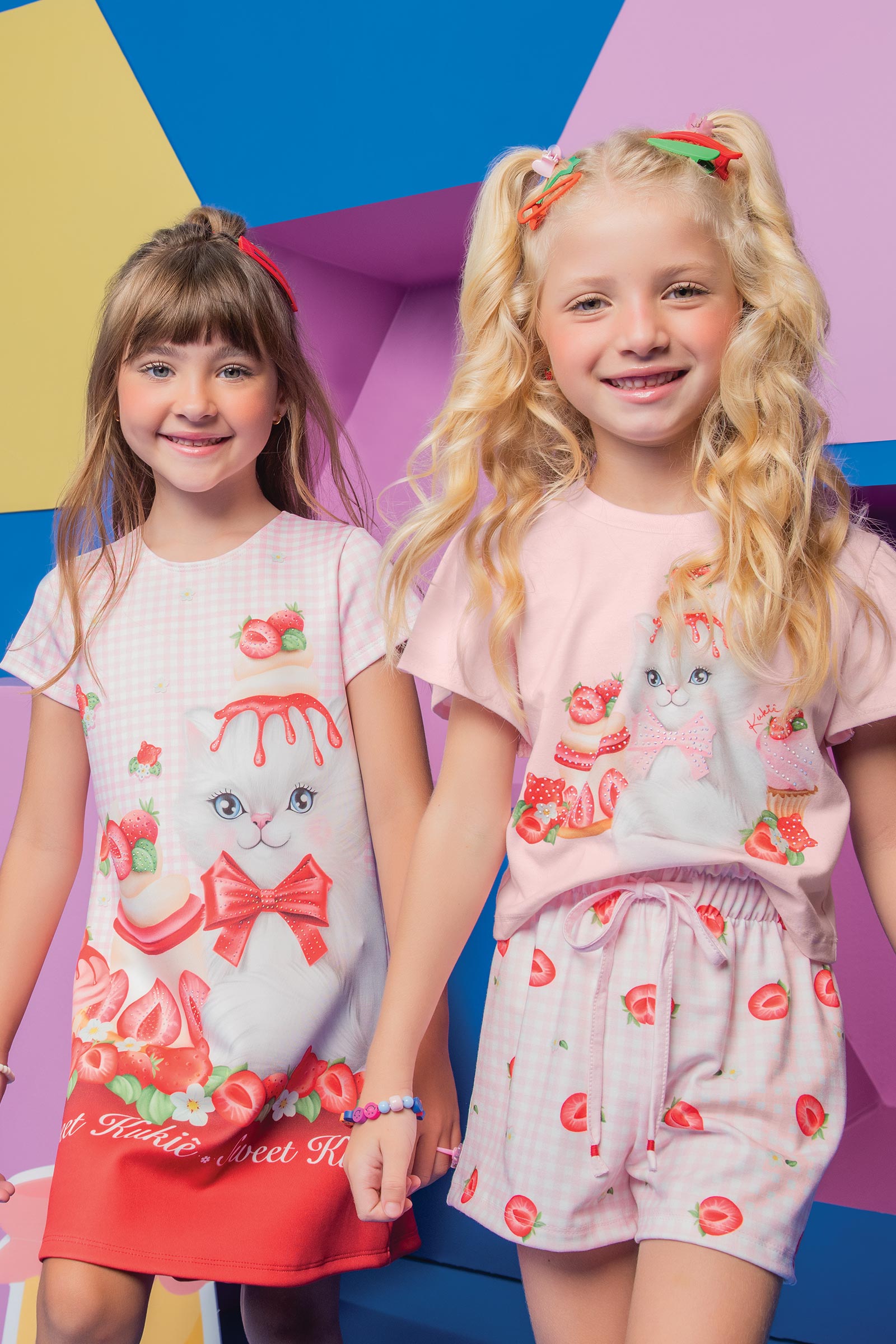Vestido Infantil Kukie Verão Xadrez Rosa Gatinha