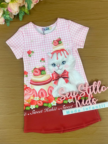 Vestido Infantil Kukie Verão Xadrez Rosa Gatinha