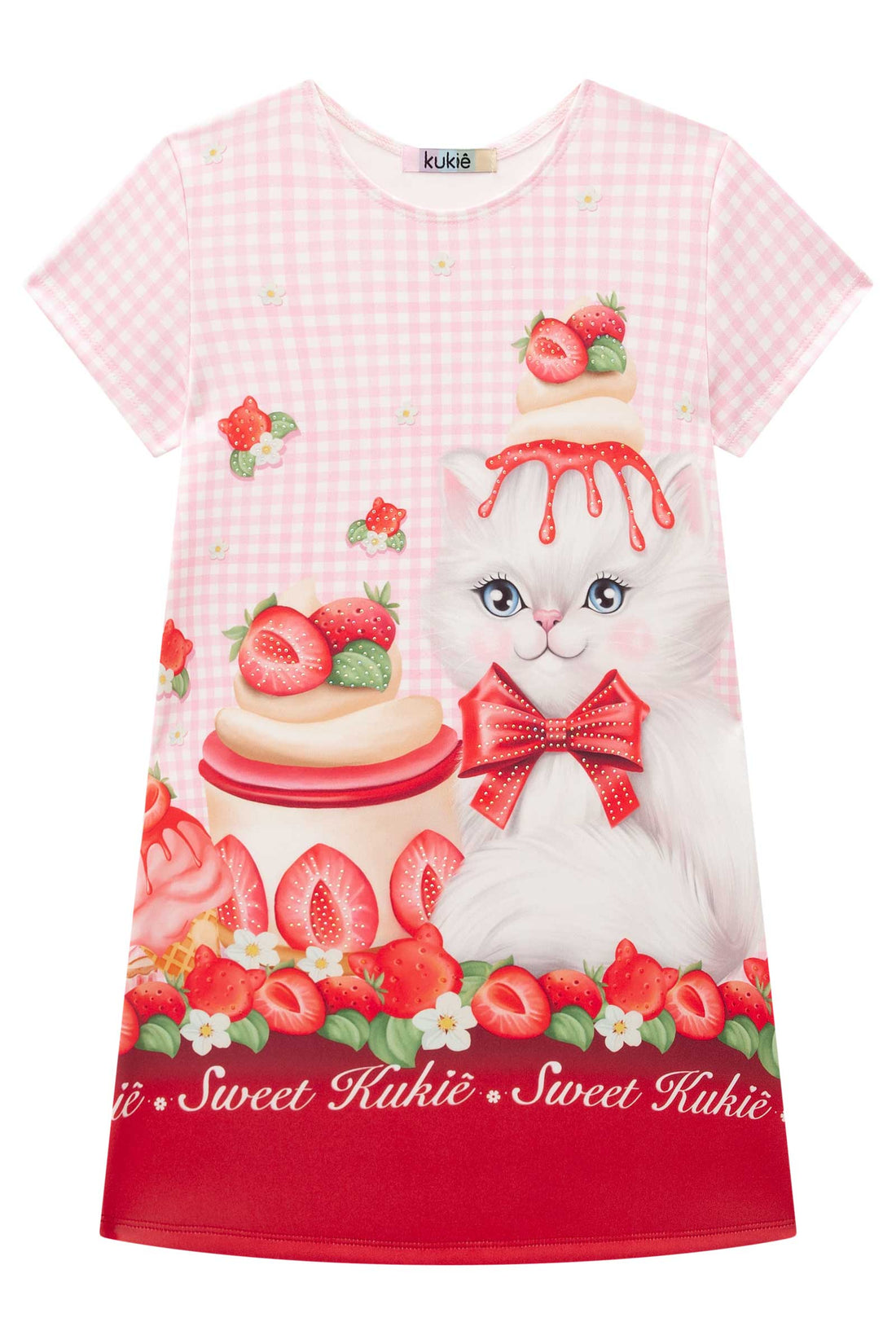 Vestido Infantil Kukie Verão Xadrez Rosa Gatinha