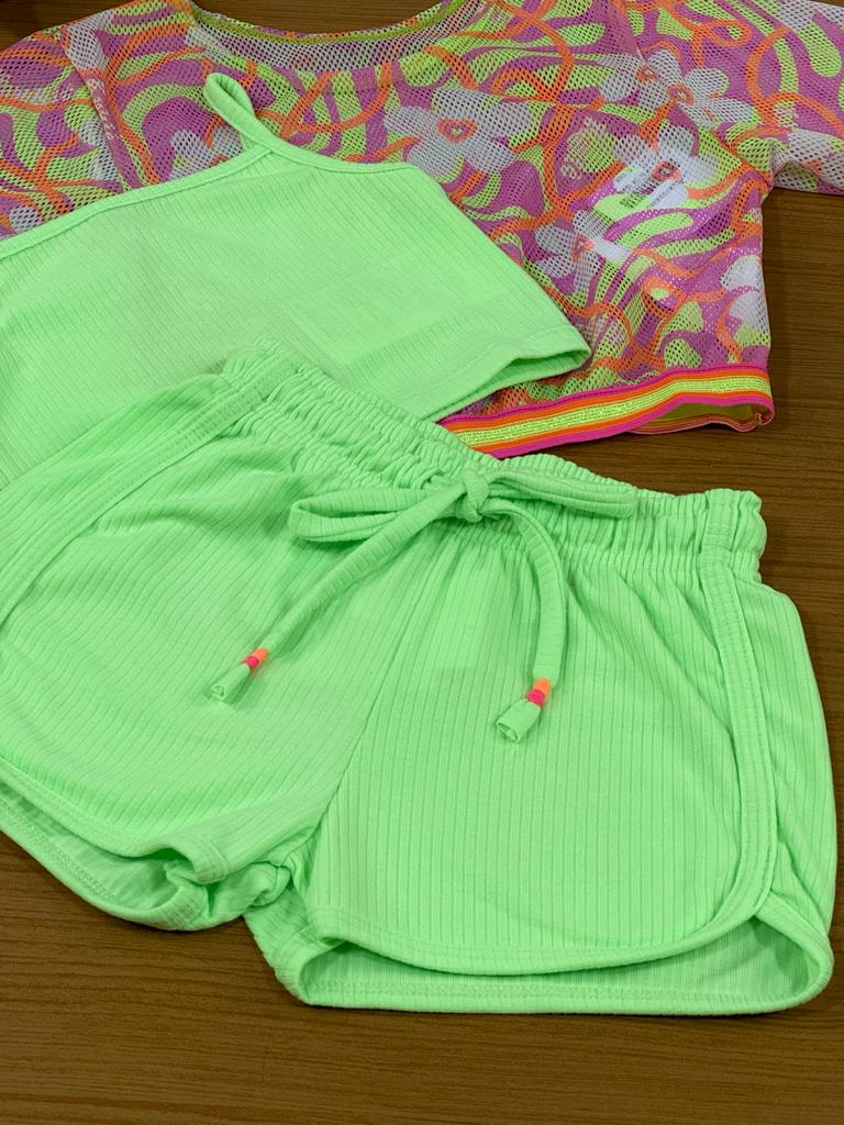 Conjunto Infantil Kukie Verão Com Shorts Blusa em Tela e Top Verde Neon