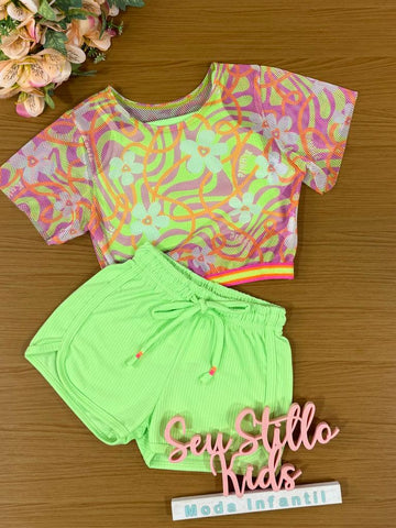 Conjunto Infantil Kukie Verão Com Shorts Blusa em Tela e Top Verde Neon