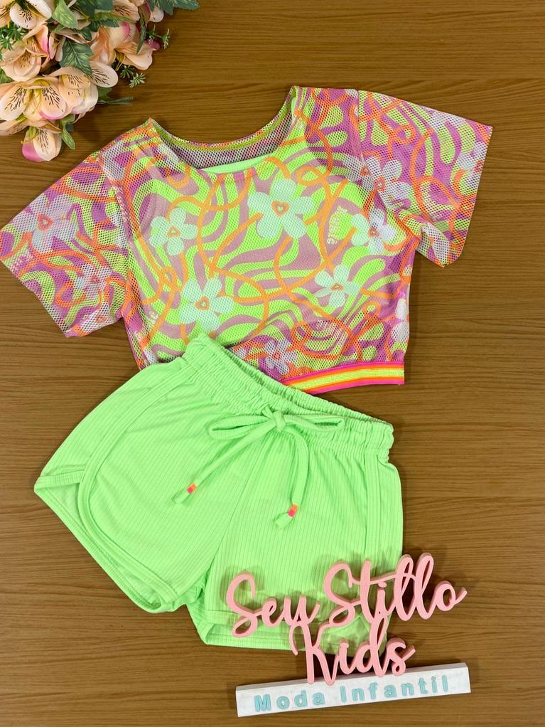 Conjunto Infantil Kukie Verão Com Shorts Blusa em Tela e Top Verde Neon
