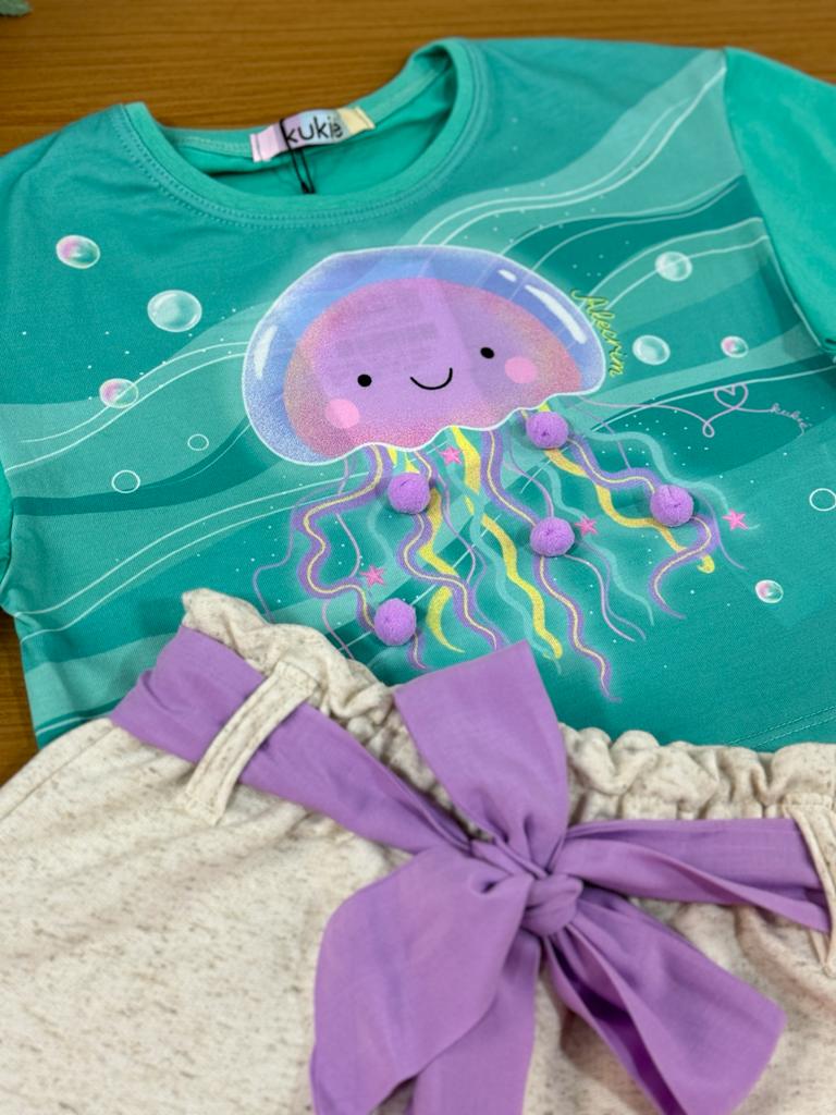 Conjunto Infantil Kukie Verão Com Shorts e Blusa Água Viva.