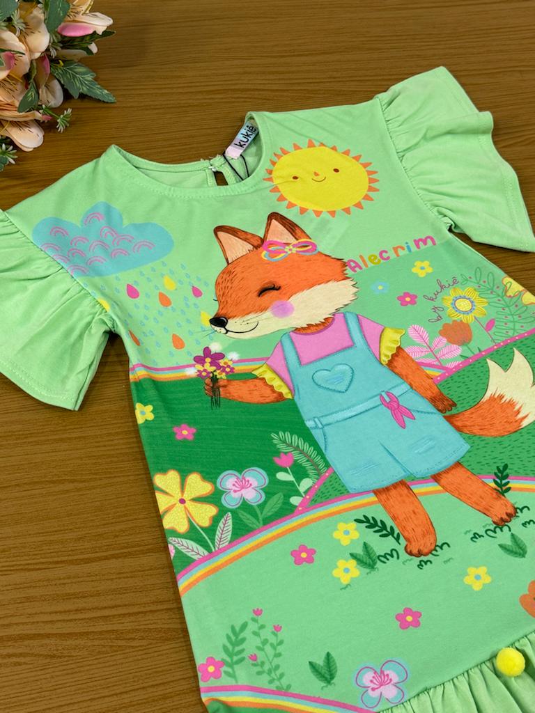 Vestido Infantil Kukie Alecrim Verão Verde Raposinha