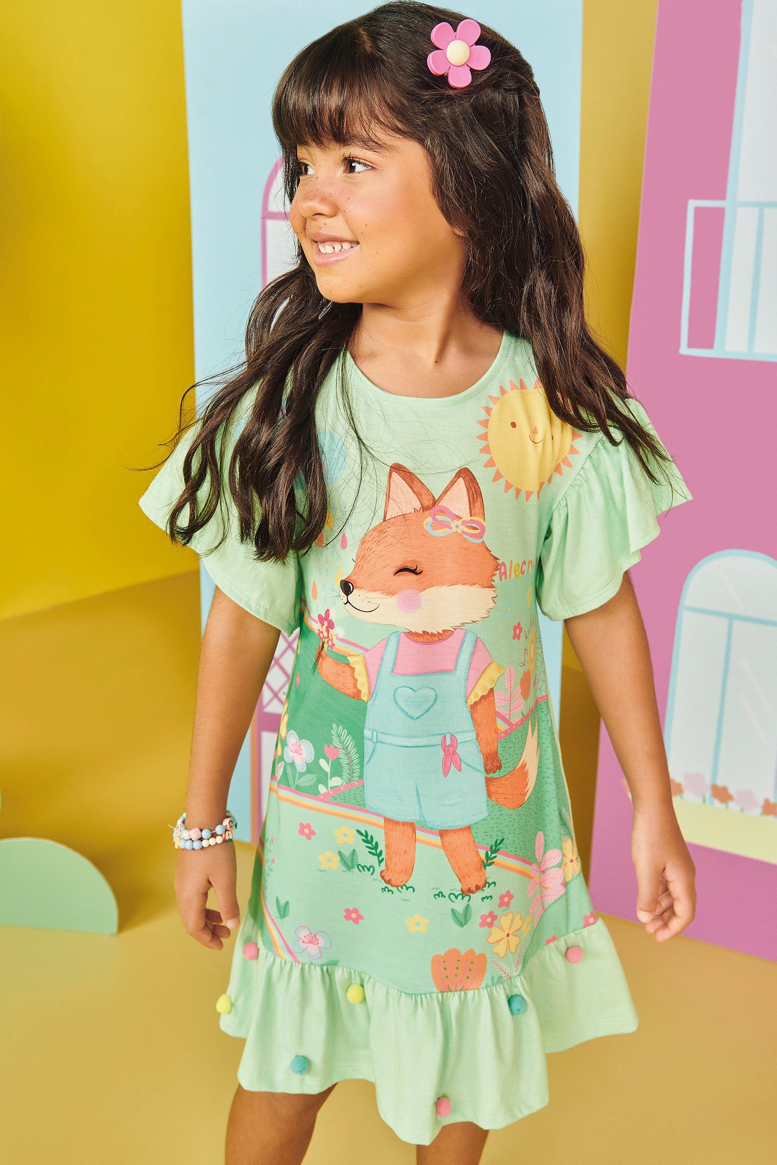 Vestido Infantil Kukie Alecrim Verão Verde Raposinha