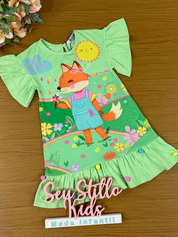 Vestido Infantil Kukie Alecrim Verão Verde Raposinha
