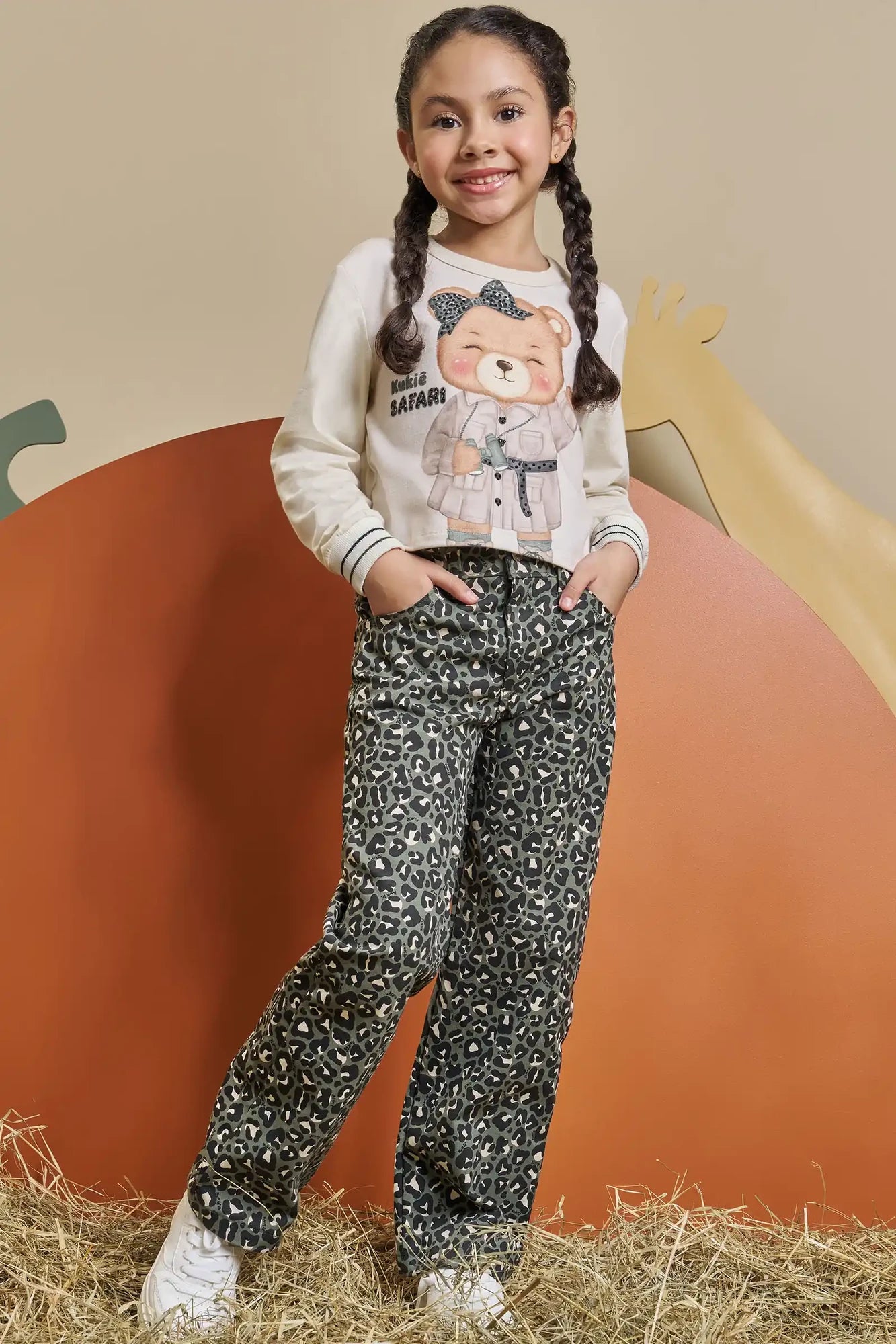 Conjunto Infantil Kukiê Inverno com Calça Verde Camuflada e Blusa Manga Longa Ursinha Safari