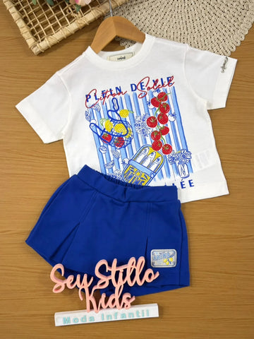 Conjunto Infantil Menina Animê com Shorts Saia Azul e Blusa Frutinhas