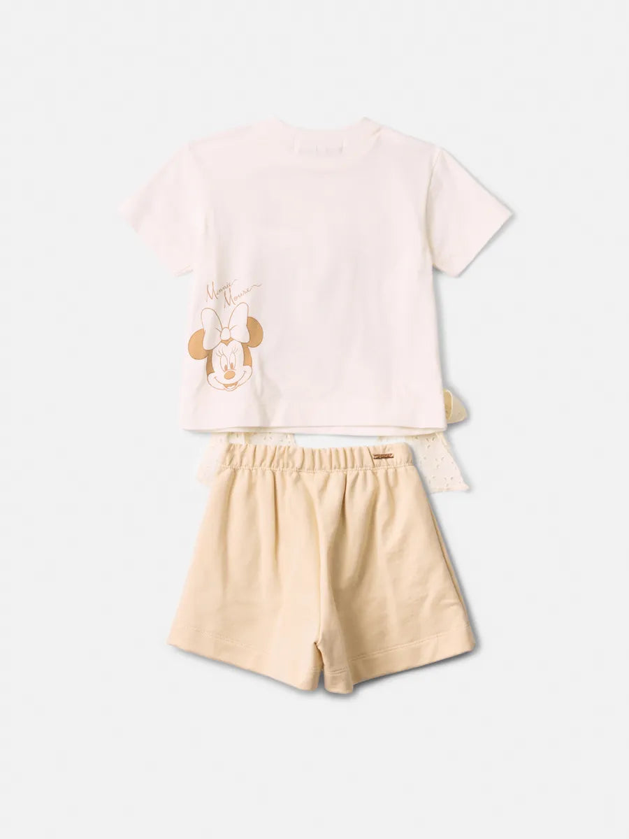 Conjunto Infantil Menina Animê Shorts Bege e Blusa Minnie Lacinho Disney
