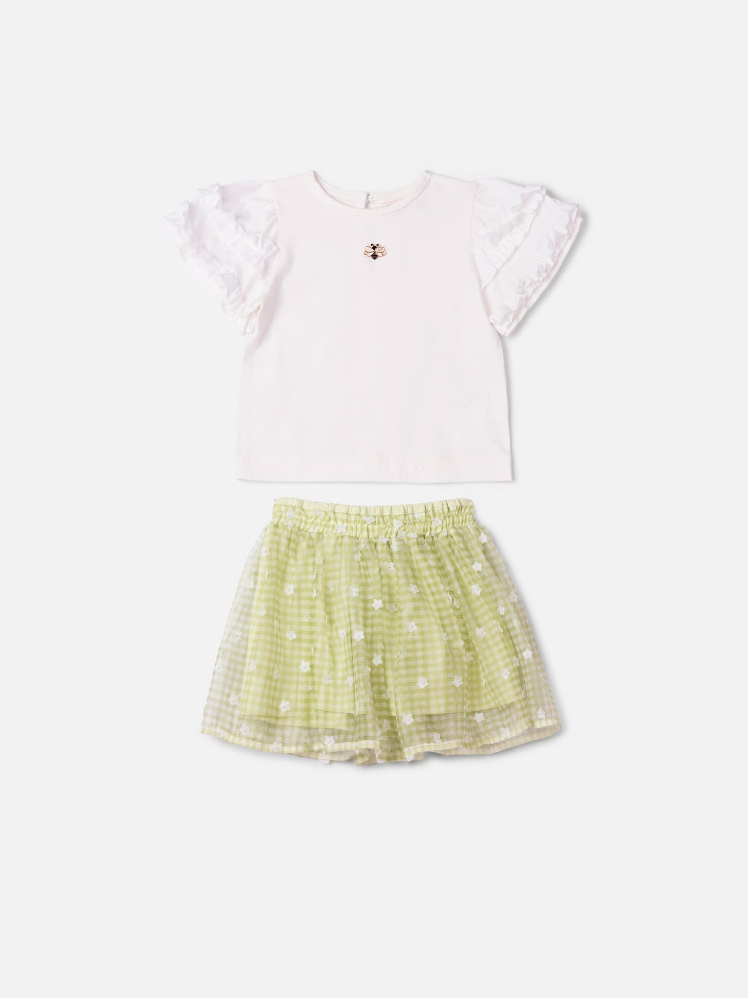 Conjunto Infantil Animê Verão com Saia Verde Xadrez em Tule e Blusa Branca