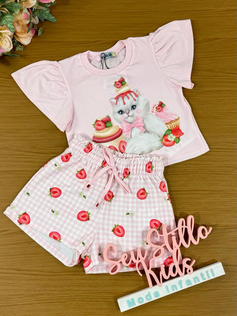 Conjunto Infantil Kukie Verão Com Shorts e Blusa Gatinha