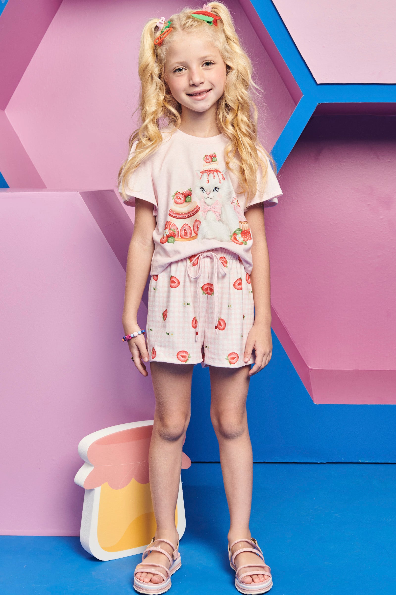Conjunto Infantil Kukie Verão Com Shorts e Blusa Gatinha