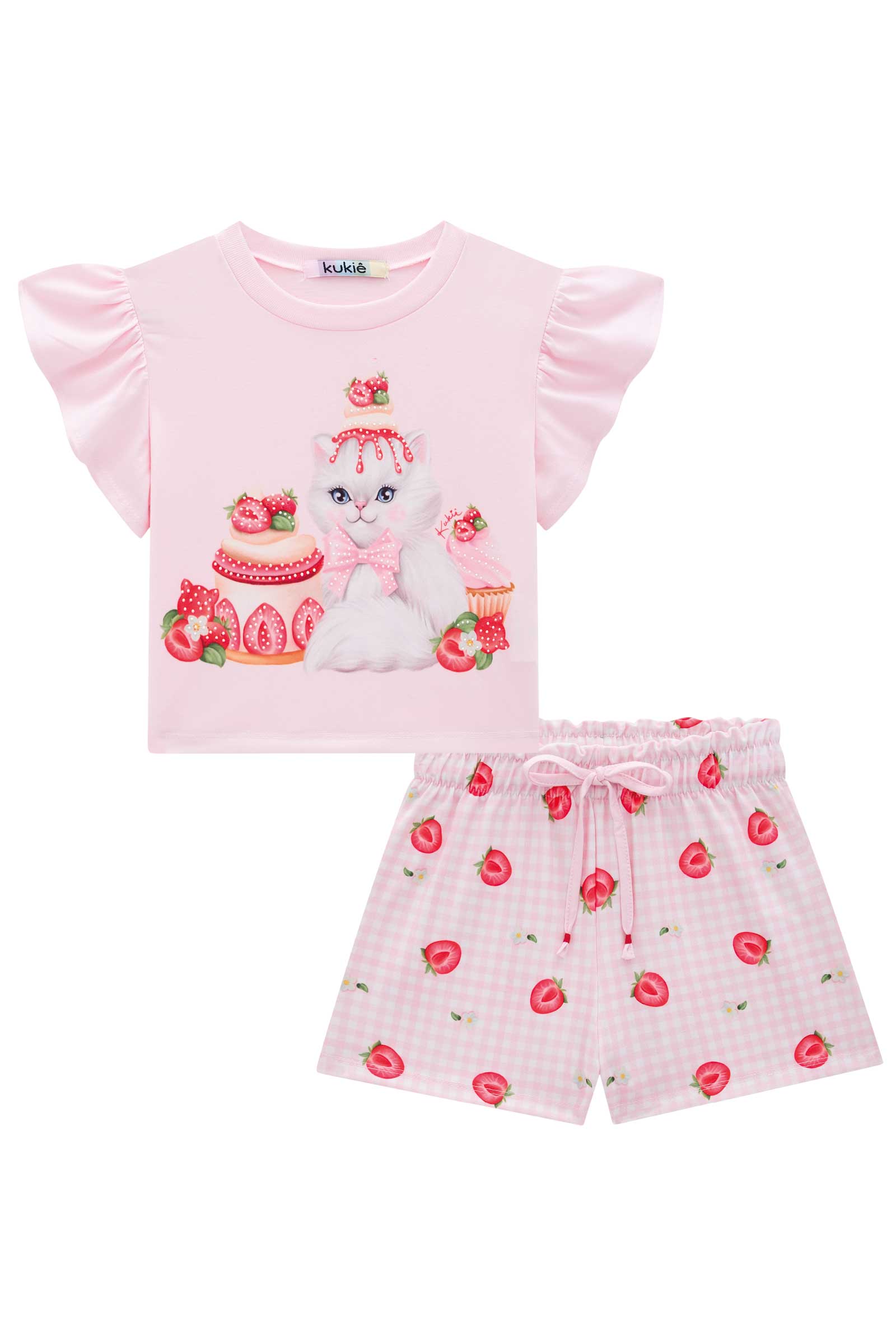 Conjunto Infantil Kukie Verão Com Shorts e Blusa Gatinha