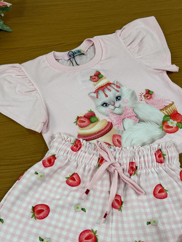 Conjunto Infantil Kukie Verão Com Shorts e Blusa Gatinha