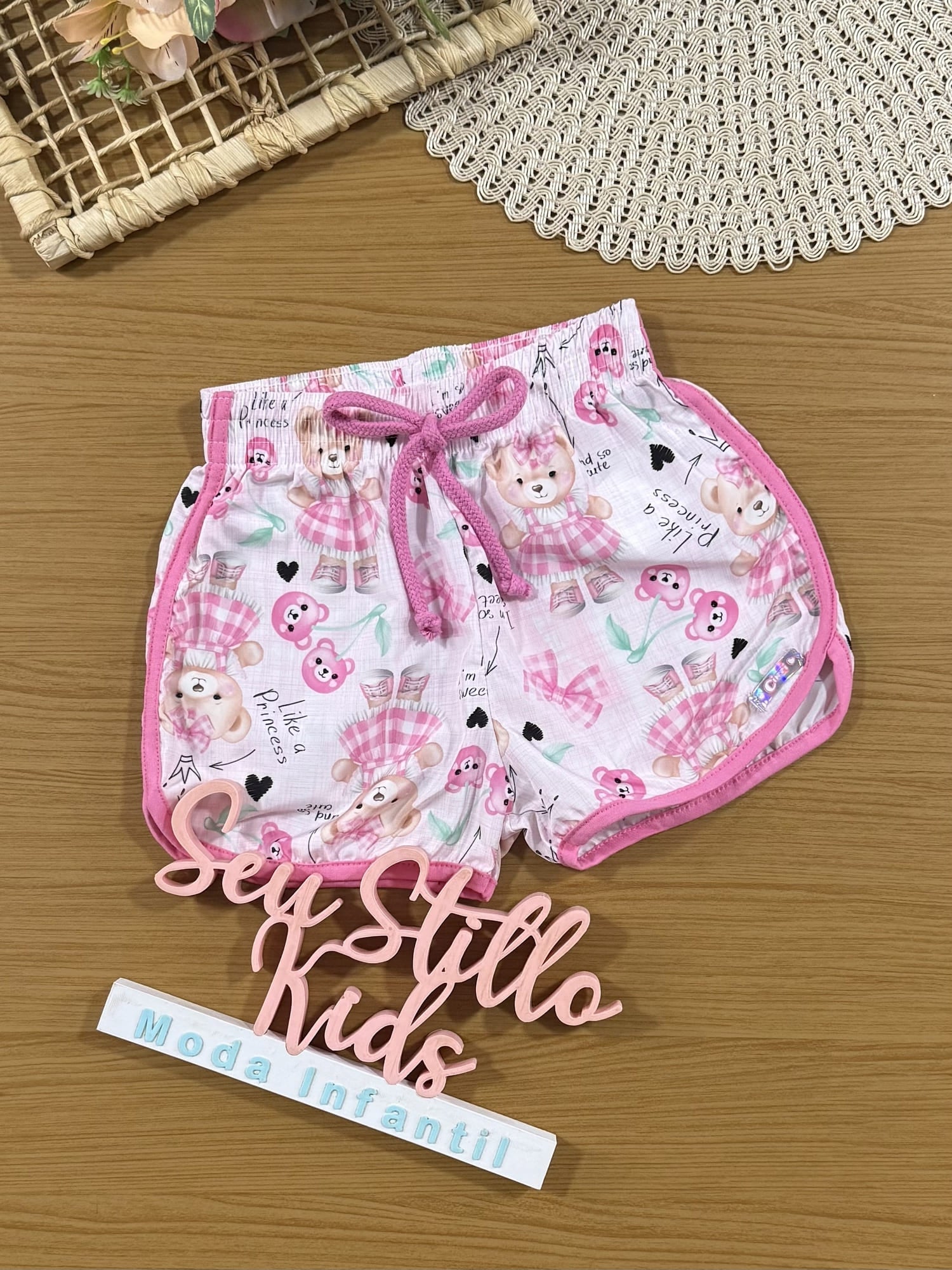 Shorts Infantil Cinti Verão Rosa Ursinha