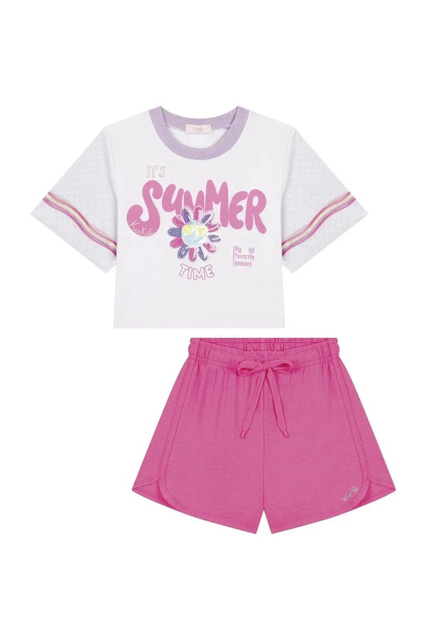 Conjunto Infantil Kukiê Verão com Shorts Rosa e Blusa Branca Summer