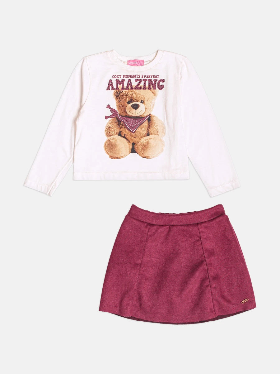 Conjunto Infantil Momi Inverno com Saia Vinho e Blusa Manga Longa Ursinha Amazing
