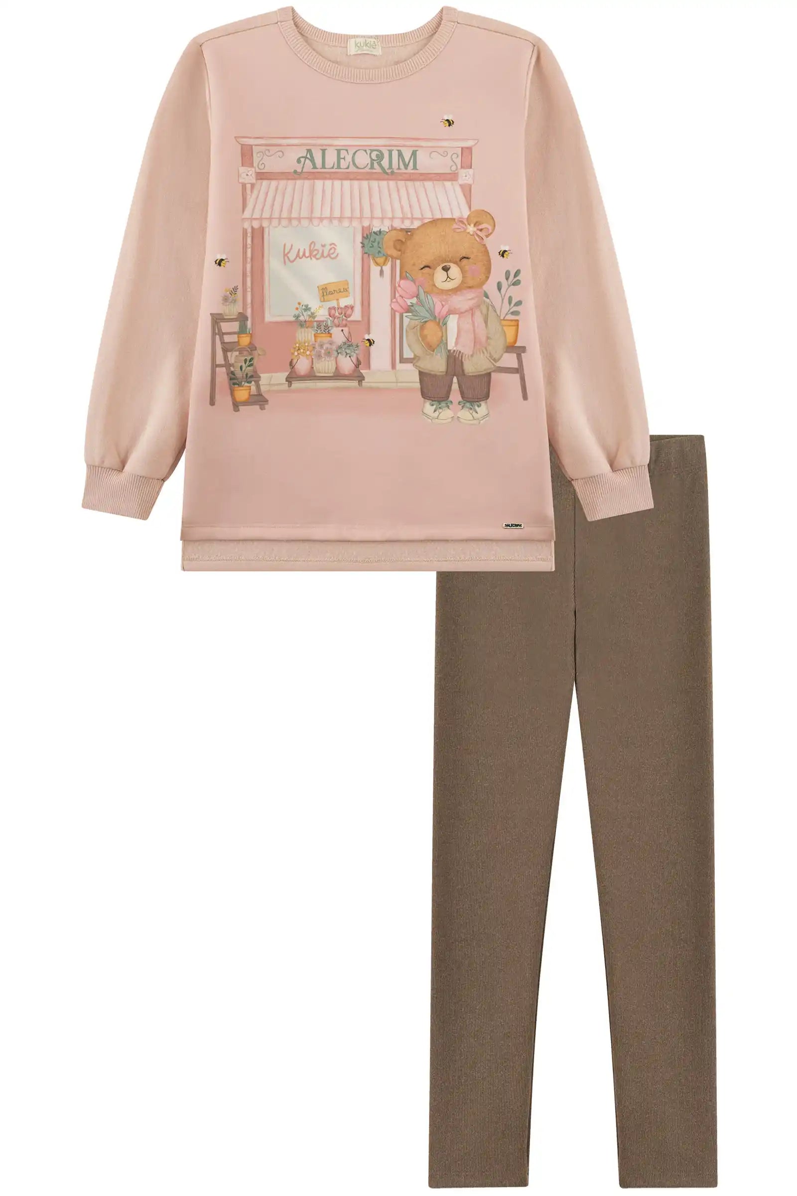 Conjunto Infantil Kukiê Inverno com Calça Legging Marrom e Moletom Flanelado Ursinha Floricultura