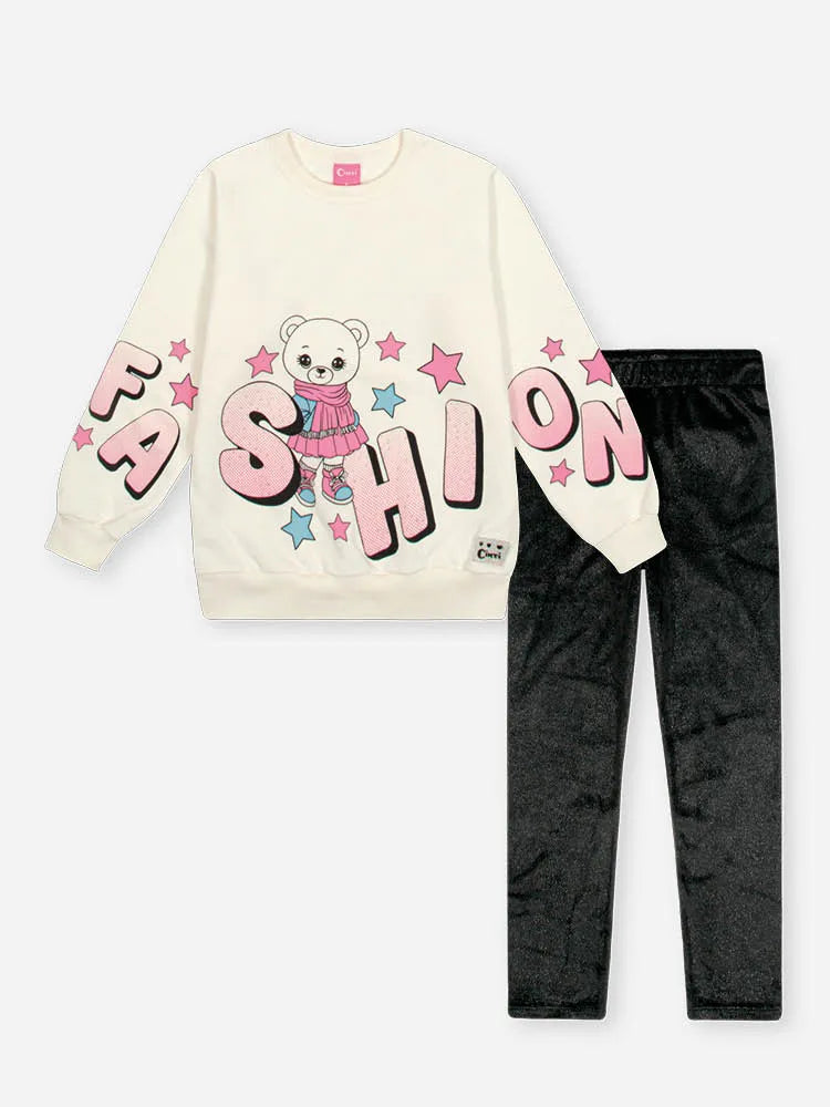 Conjunto Infantil Cinti Inverno Com Calça Preta e Moletom Flanelado Ursinha