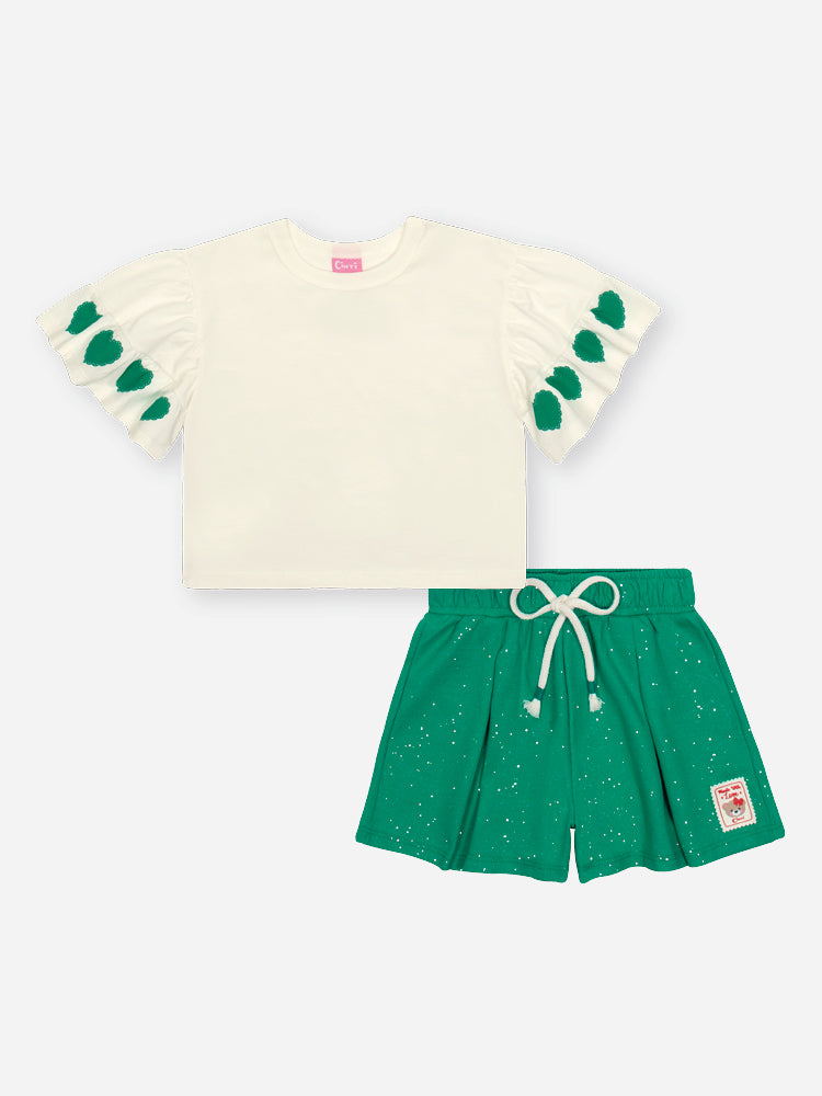 Conjunto Infantil Cinti Verão Shorts Verde com Brilho e Blusa Branca Corações