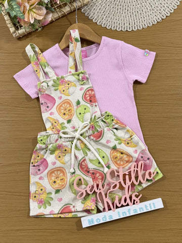 Jardineira Infantil Cinti Verão Frutinhas com Blusa Rosa