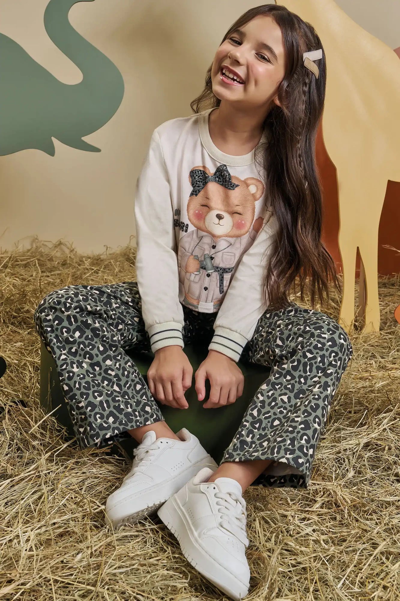 Conjunto Infantil Kukiê Inverno com Calça Verde Camuflada e Blusa Manga Longa Ursinha Safari