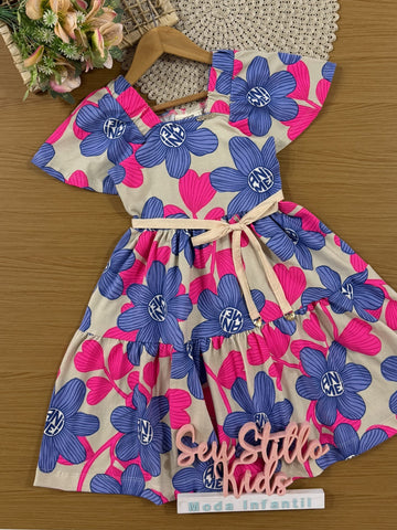 Vestido Infantil Animê Verão Bege Flores
