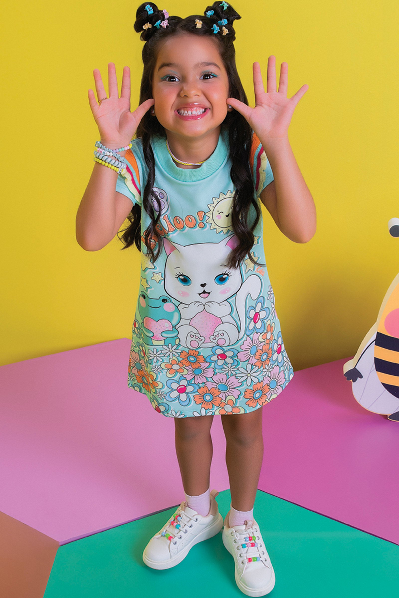 Vestido Infantil Kukie Verão Verde Gatinha