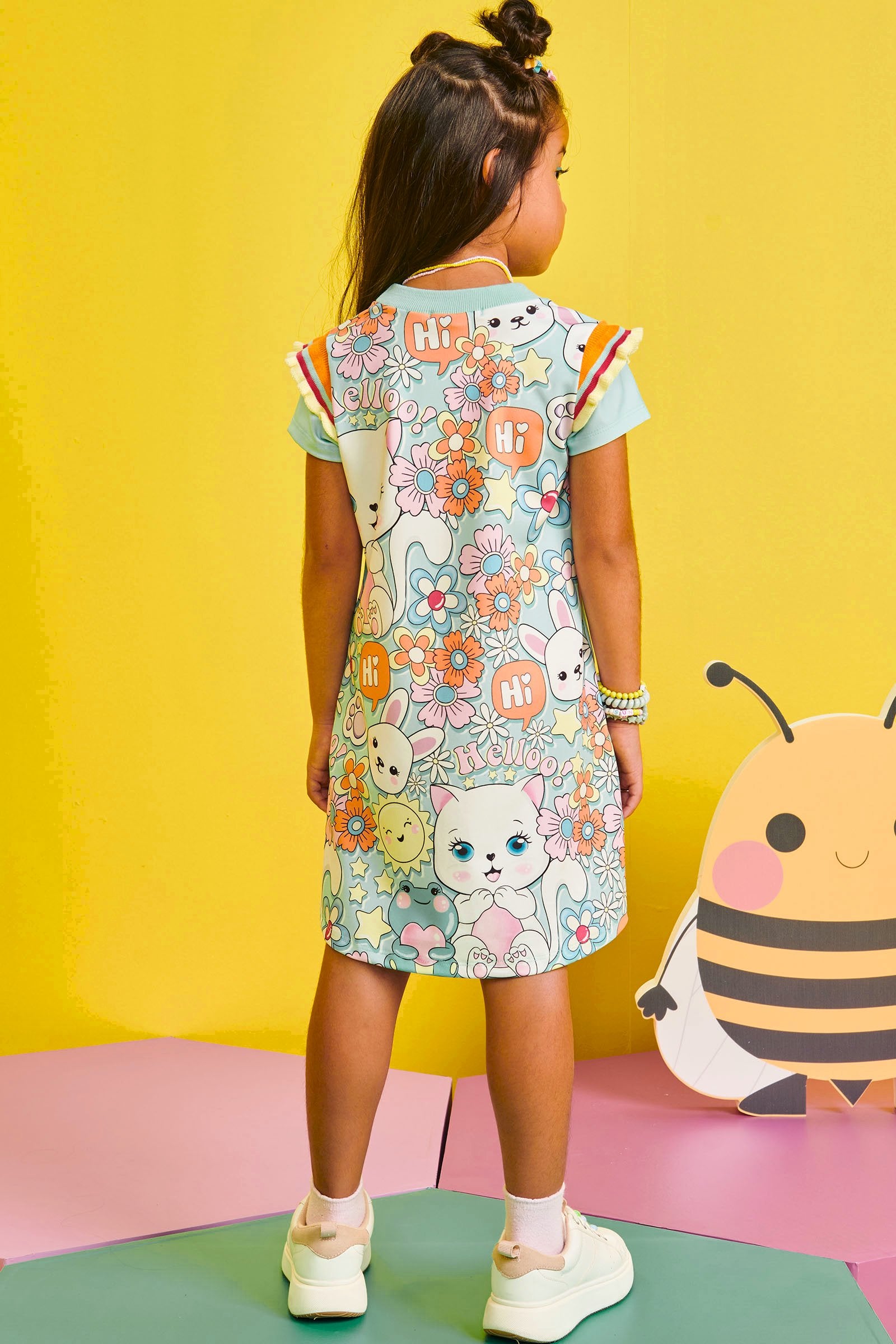 Vestido Infantil Kukie Verão Verde Gatinha