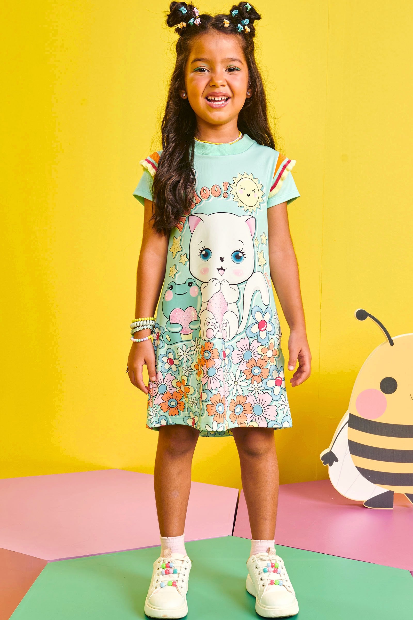 Vestido Infantil Kukie Verão Verde Gatinha