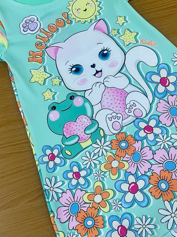Vestido Infantil Kukie Verão Verde Gatinha
