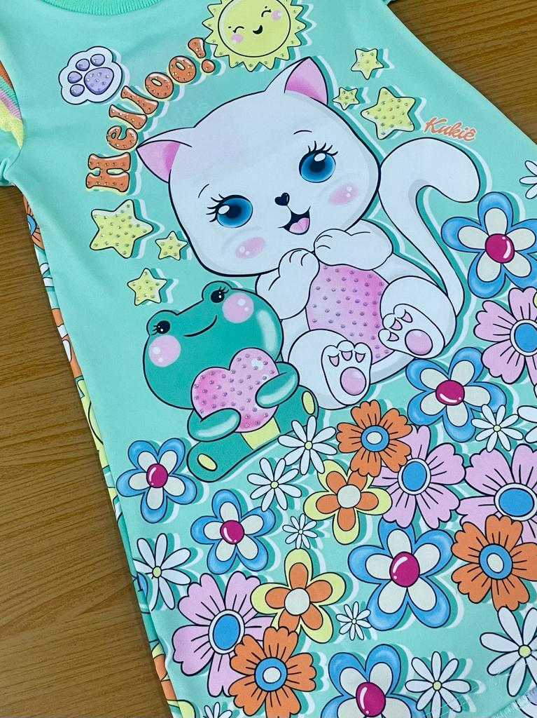 Vestido Infantil Kukie Verão Verde Gatinha