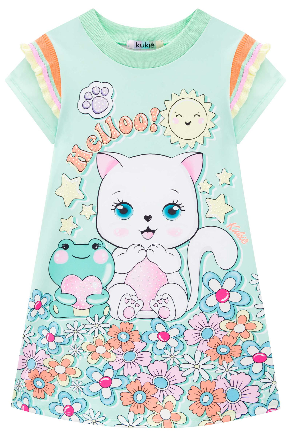 Vestido Infantil Kukie Verão Verde Gatinha